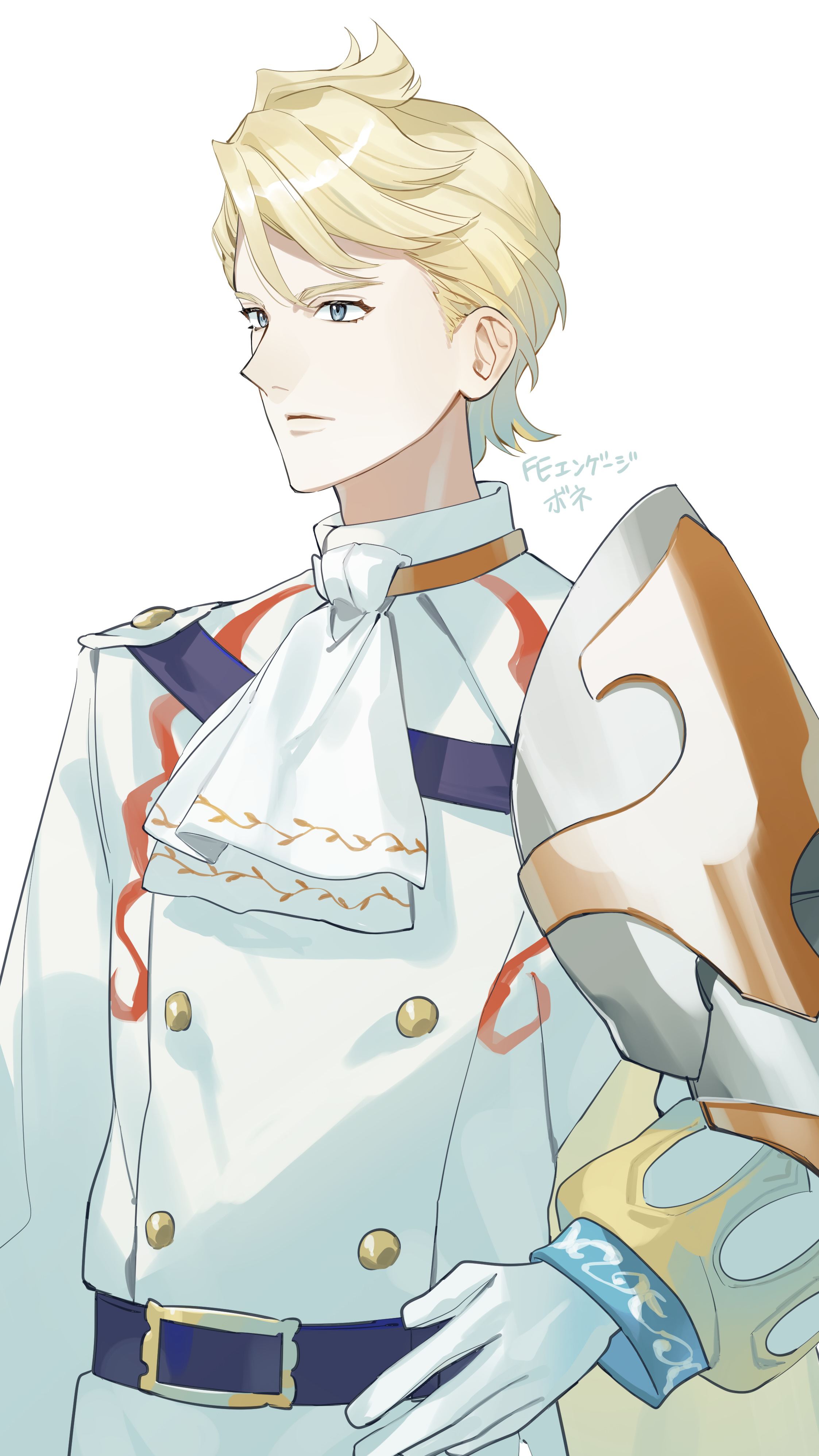 bunet (fire emblem), fire emblem, fire emblem engage, nintendo, absurdres, highres, 1boy, ascot, belt, blonde hair, blue eyes, closed mouth, gloves, kerokero august, looking to the side, upper body, white ascot, white gloves