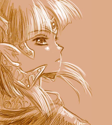 forest penguin, tatsuri (forest penguin), ester ein astrada, kenran butou sai, lowres, 00s, 1girl, blunt bangs, bob cut, elf, female focus, monochrome, pointy ears, sepia, short hair, sidelocks, solo