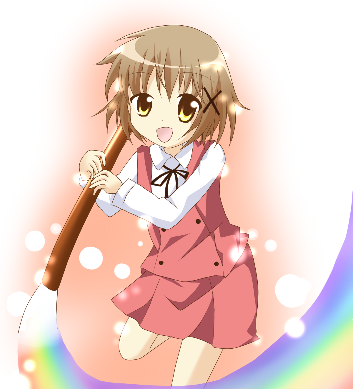 kaname ihnk, yuno (hidamari sketch), hidamari sketch, bad id, bad pixiv id, highres, 00s, art brush, brown eyes, brown hair, giant brush, paintbrush, painting (action), rainbow, school uniform, short hair, solo, yamabuki high school uniform