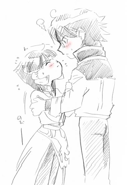 forest penguin, tatsuri (forest penguin), ester ein astrada, yagami arian, kenran butou sai, 00s, 1boy, 1girl, blush, bob cut, closed eyes, dress, glasses, greyscale, hetero, kiss, monochrome, short hair, sidelocks, spot color