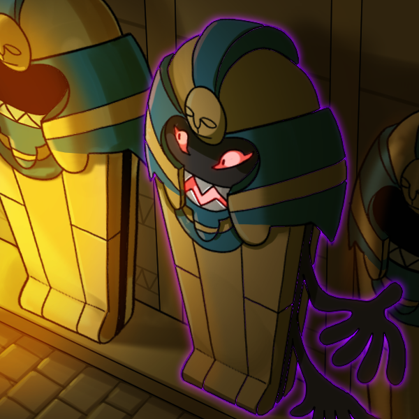 qumyak, cofagrigus, nintendo, pokemon, commentary, korean commentary, gen 5 pokemon, indoors, no humans, open mouth, pokemon (creature), red eyes, sarcophagus