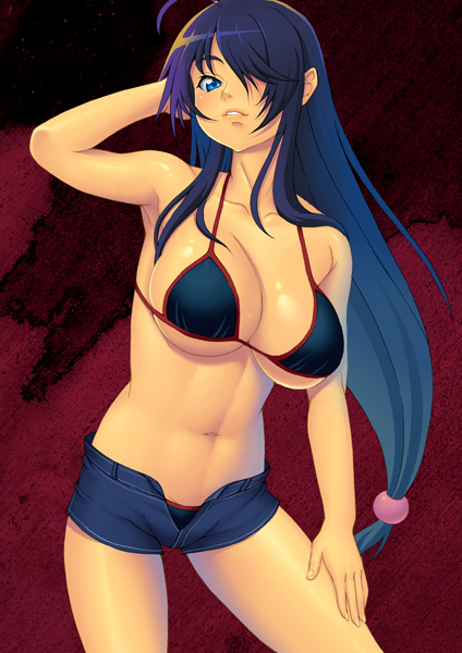 kasanui, kan'u unchou, ikkitousen, 00s, 1girl, abs, ahoge, armpits, bikini, bikini top only, blue eyes, blue hair, blush, breasts, cleavage, hair over one eye, large breasts, long hair, low-tied long hair, navel, open fly, parted lips, shiny skin, short shorts, shorts, sideboob, swimsuit, unzipped
