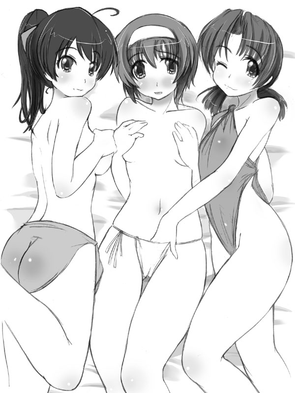 abubu, arisaka kazuki, serizawa miu, suzuhara chihaya, tona-gura!, 3girls, ass, bed, bikini, bikini bottom only, breasts, covering breasts, covering privates, fingering, fundoshi, grabbing another's breast, greyscale, groping, hand in panties, hand under clothes, japanese clothes, looking back, monochrome, multiple girls, one eye closed, panties, ponytail, short hair, swimsuit, topless female, underwear, underwear only, wink, yuri