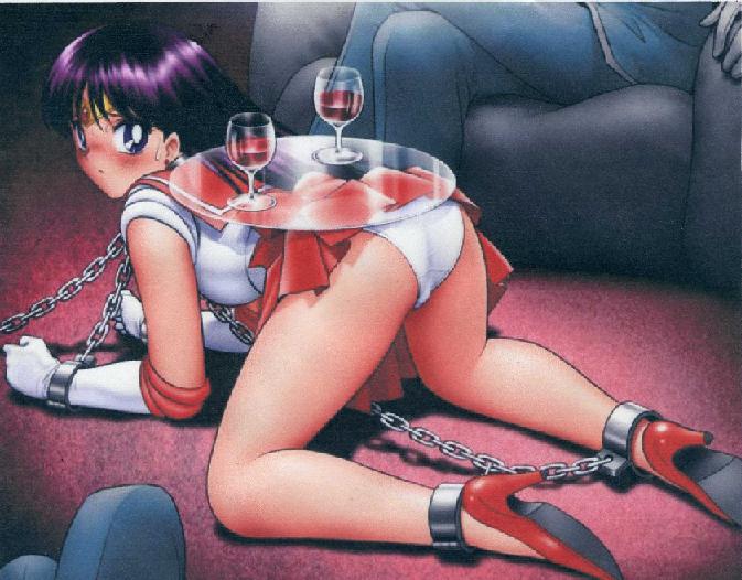 shingyouji tatsuya, hino rei, sailor mars, bishoujo senshi sailor moon, aliasing, alcohol, all fours, ass, bdsm, black hair, blush, bondage, bound, chain, chalice, compression artifacts, cuffs, cup, drinking glass, elbow gloves, forniphilia, gloves, high heels, human furniture, human table, long hair, looking back, object girl, panties, restrained, sailor, shackle, shoes, slave, underwear, wine, wine glass
