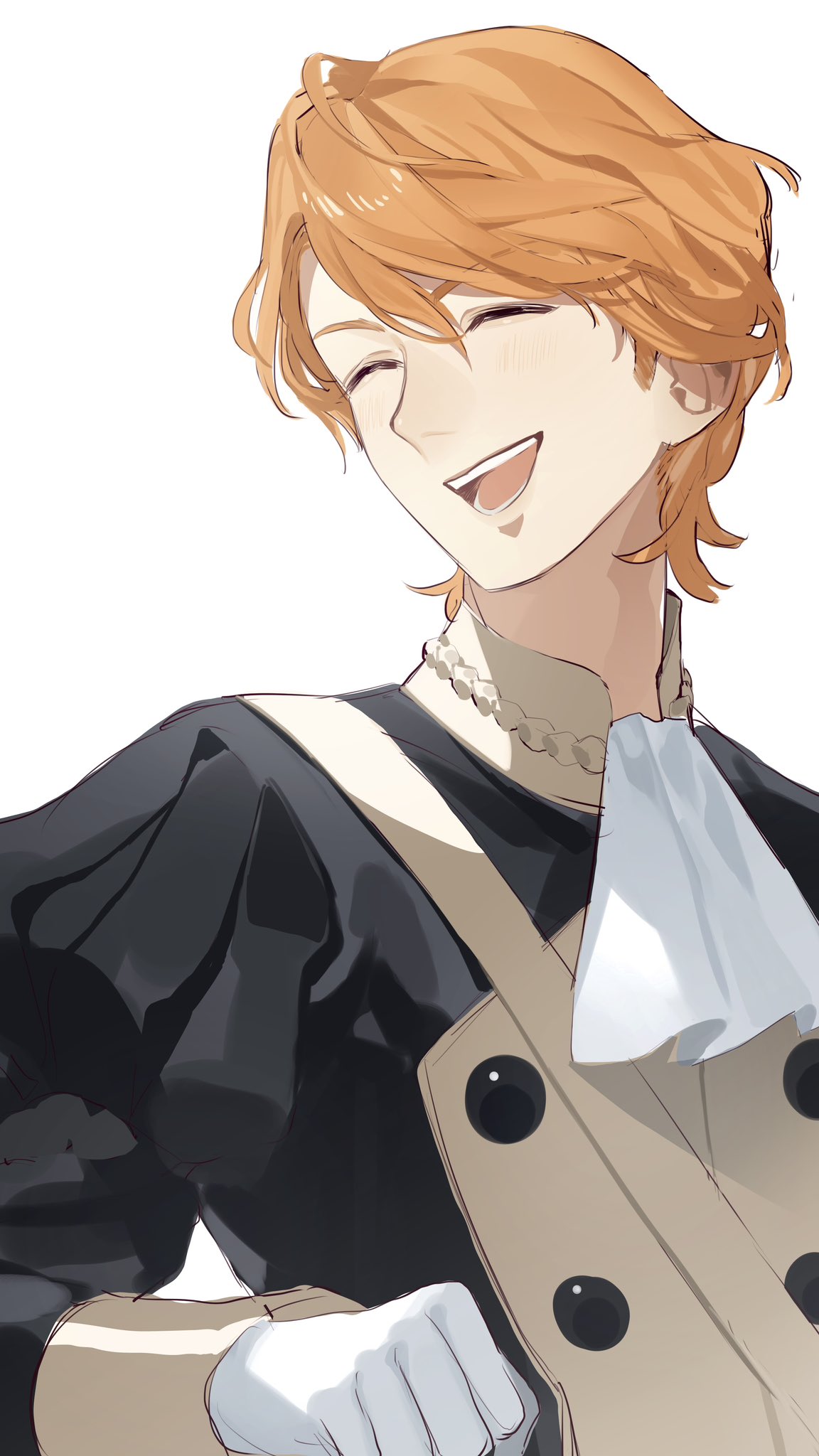 ferdinand von aegir, fire emblem, fire emblem: three houses, nintendo, highres, 1boy, ascot, closed mouth, facing viewer, garreg mach monastery uniform, gloves, kerokero august, long sleeves, open mouth, orange hair, upper body, white ascot, white gloves