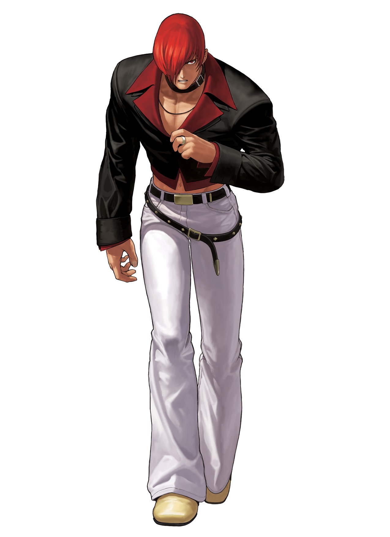 ogura eisuke, yagami iori, snk, the king of fighters, the king of fighters xii, highres, official art, 1boy, belt, choker, hair over one eye, jewelry, male focus, midriff, navel, pectoral cleavage, pectorals, red hair, ring, solo