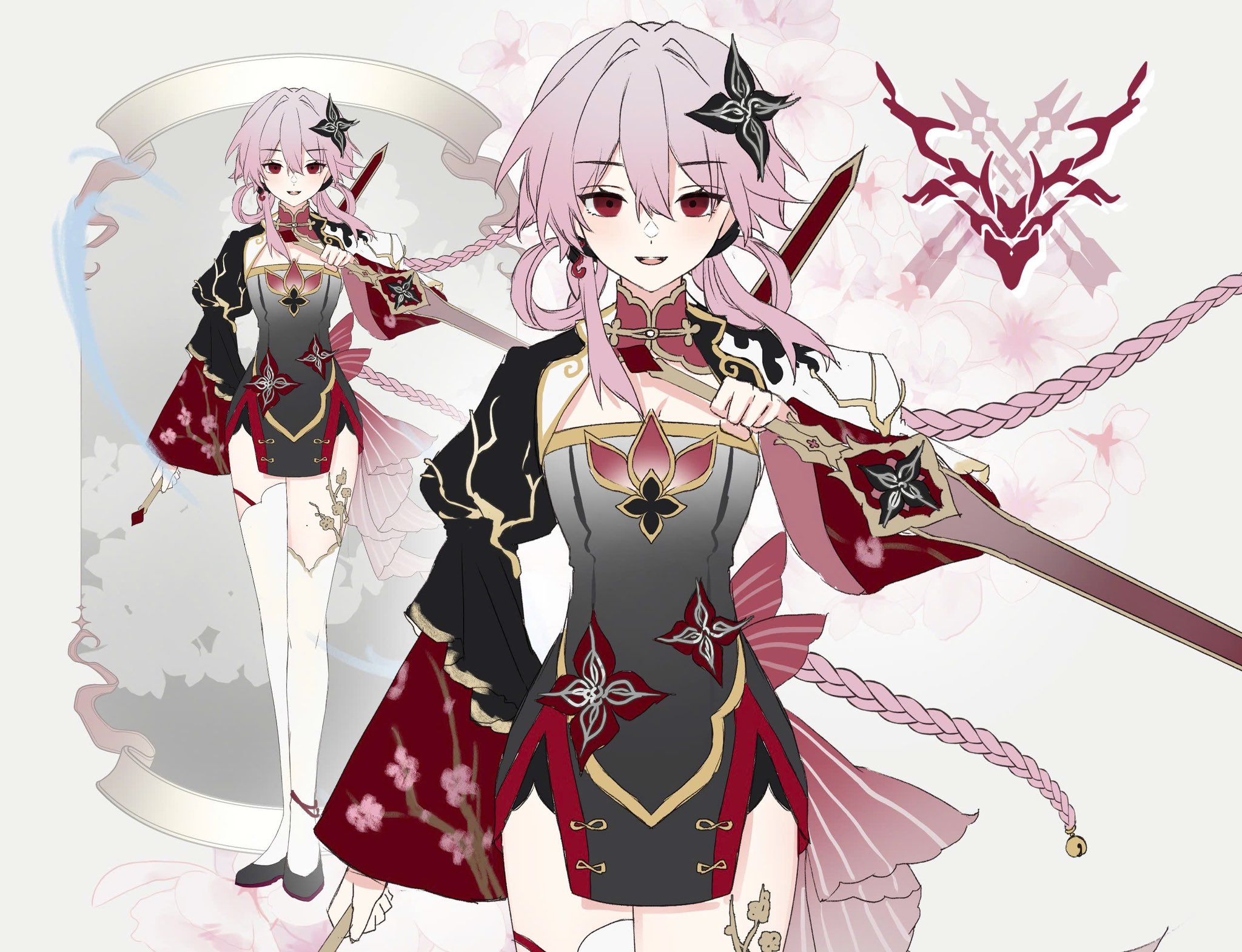 xnoahru, evernight (honkai: star rail), march 7th (honkai: star rail), march 7th (hunt) (honkai: star rail), honkai: star rail, honkai (series), commentary, english commentary, highres, 1girl, adapted costume, alternate costume, alternate hairstyle, black dress, black flower, black shoes, braid, breasts, chinese clothes, dress, earrings, floating hair, flower, hair between eyes, hair flower, hair ornament, hair rings, holding, holding behind back, holding sword, holding weapon, holding weapon behind back, hunt symbol (honkai: star rail), jewelry, long hair, looking at viewer, medium breasts, open mouth, pink hair, red eyes, reverse grip, self cosplay, shoes, short dress, single earring, smile, straight-on, sword, thighhighs, twin braids, very long hair, weapon, white thighhighs, wide sleeves, zoom layer