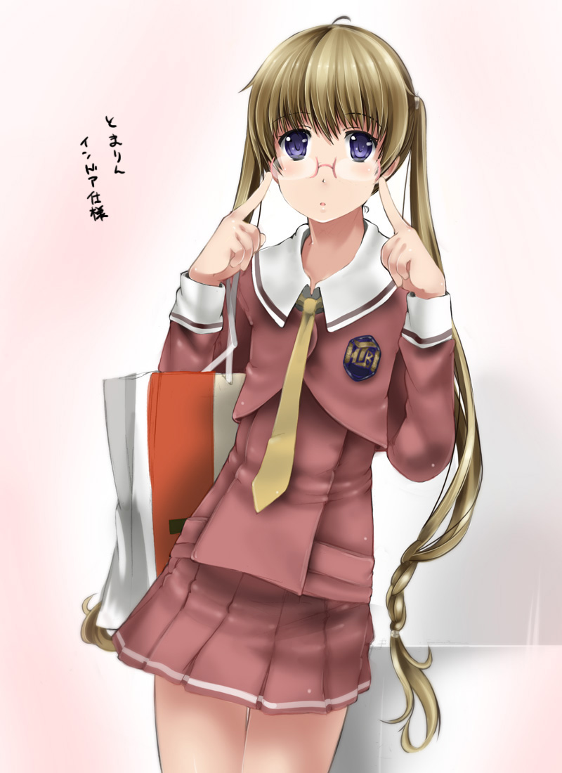 abubu, kurusu tomari, kashimashi, 00s, 1girl, bag, bespectacled, blue eyes, crest, female focus, glasses, gradient background, long hair, school uniform, serafuku, shopping bag, skirt, solo, twintails, very long hair