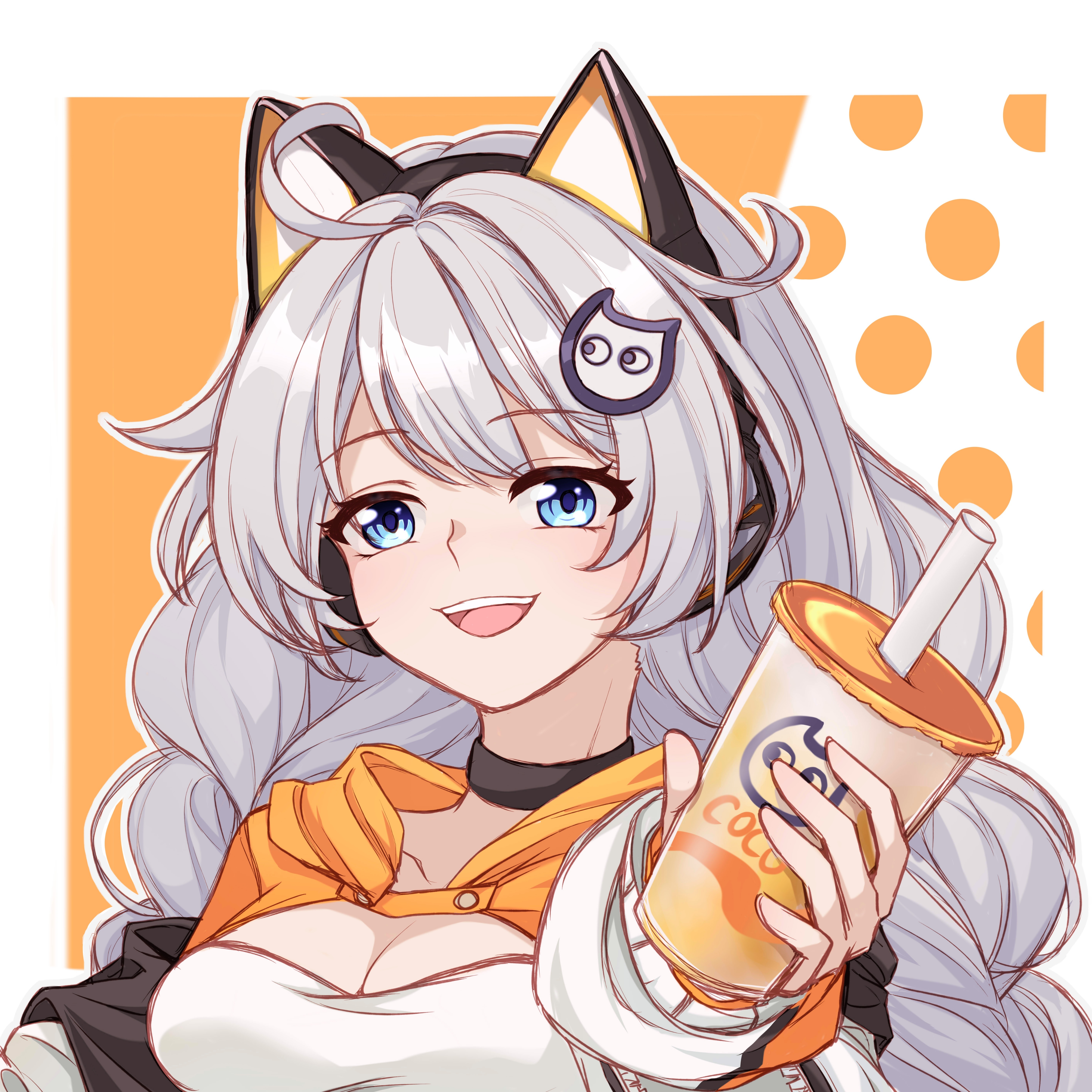 ccii00, kiana kaslana, kiana kaslana (coco), honkai (series), honkai impact 3rd, absurdres, chinese commentary, commentary request, highres, 1girl, ahoge, animal ears, black choker, blue eyes, braid, breasts, bubble tea, cat ears, choker, cleavage, crop top, cup, disposable cup, fake animal ears, holding, holding cup, long hair, medium breasts, official alternate costume, open mouth, orange background, solo, teeth, twin braids, upper body, upper teeth only, white hair