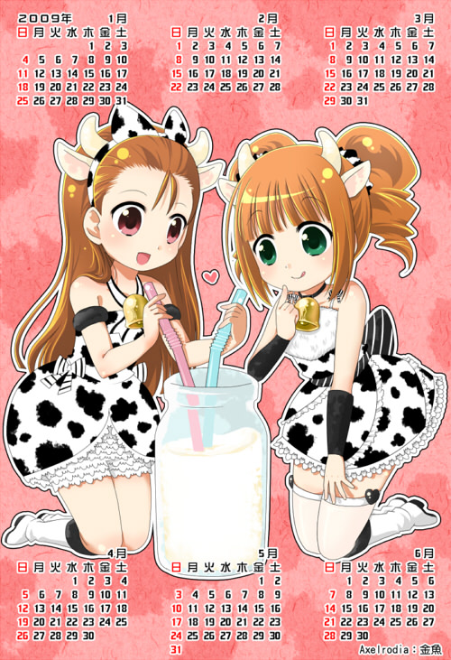 minase iori, takatsuki yayoi, idolmaster, idolmaster (classic), 00s, animal ears, bell, calendar, cow ears, cow girl, food, horns, milk, thighhighs