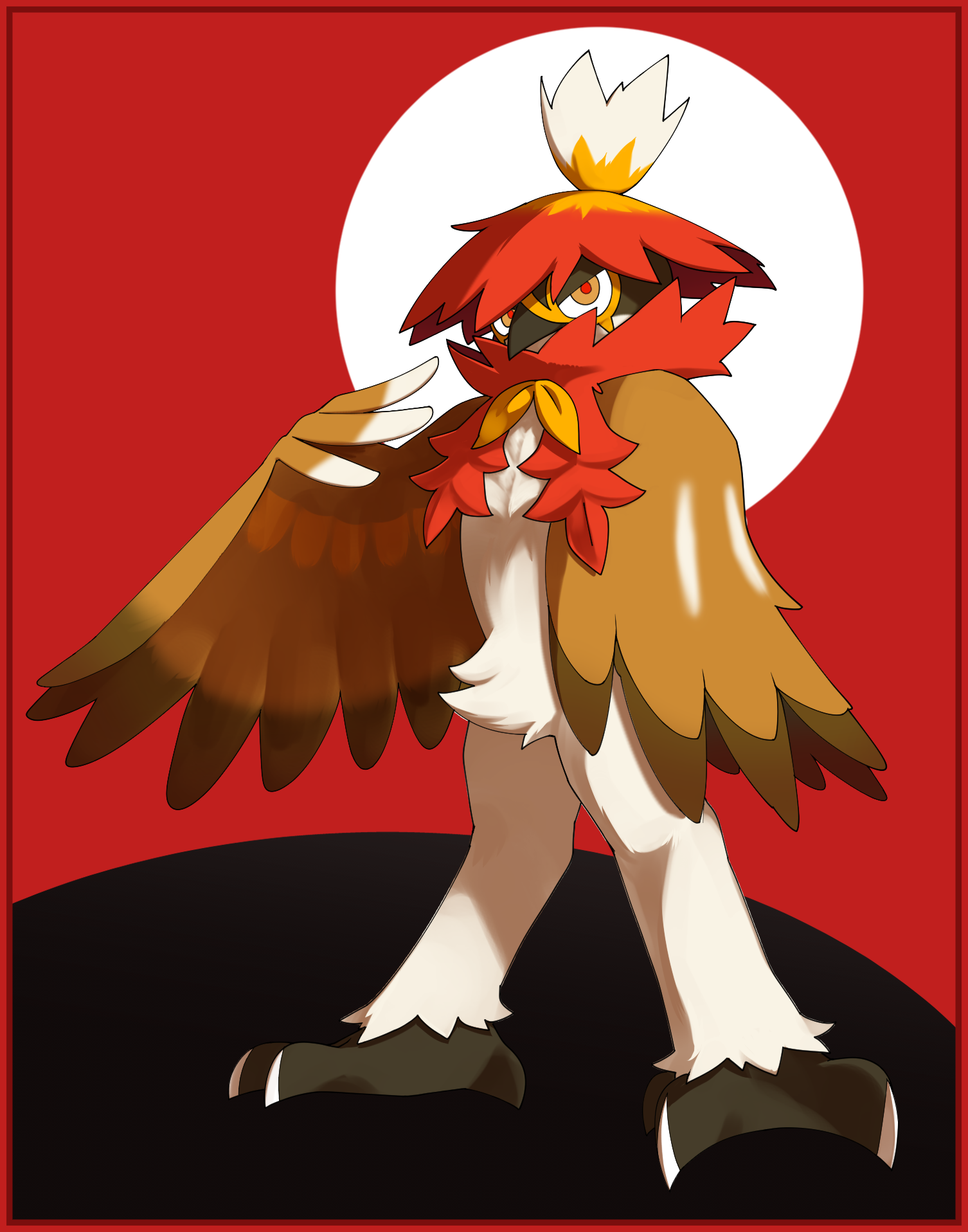qumyak, hisuian decidueye, nintendo, pokemon, highres, bird, border, full body, looking at viewer, orange eyes, owl, pokemon (creature), red background, red border, red pupils, standing, talons, winged arms, wings