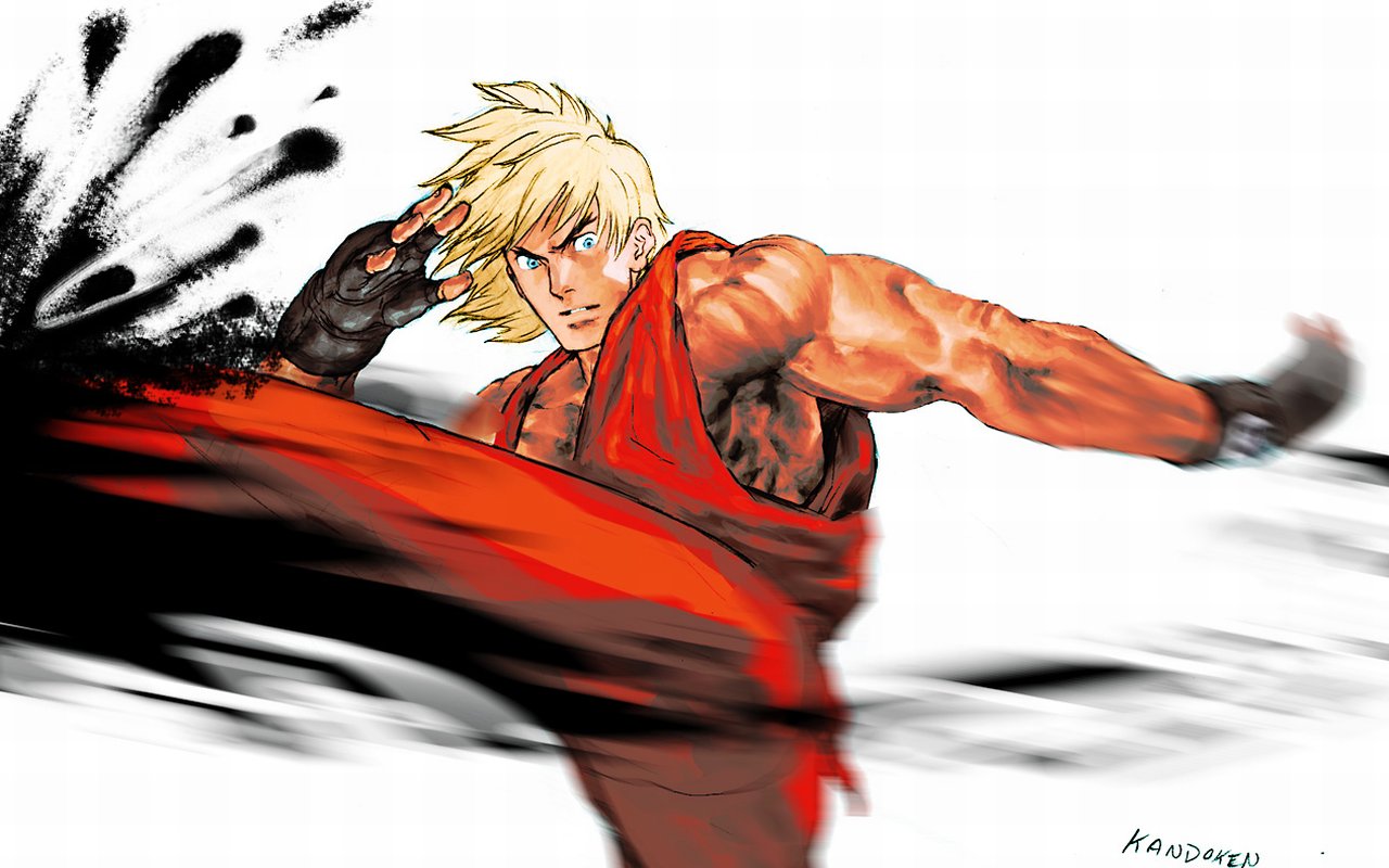 ken masters, capcom, street fighter, blonde hair, blue eyes, kicking