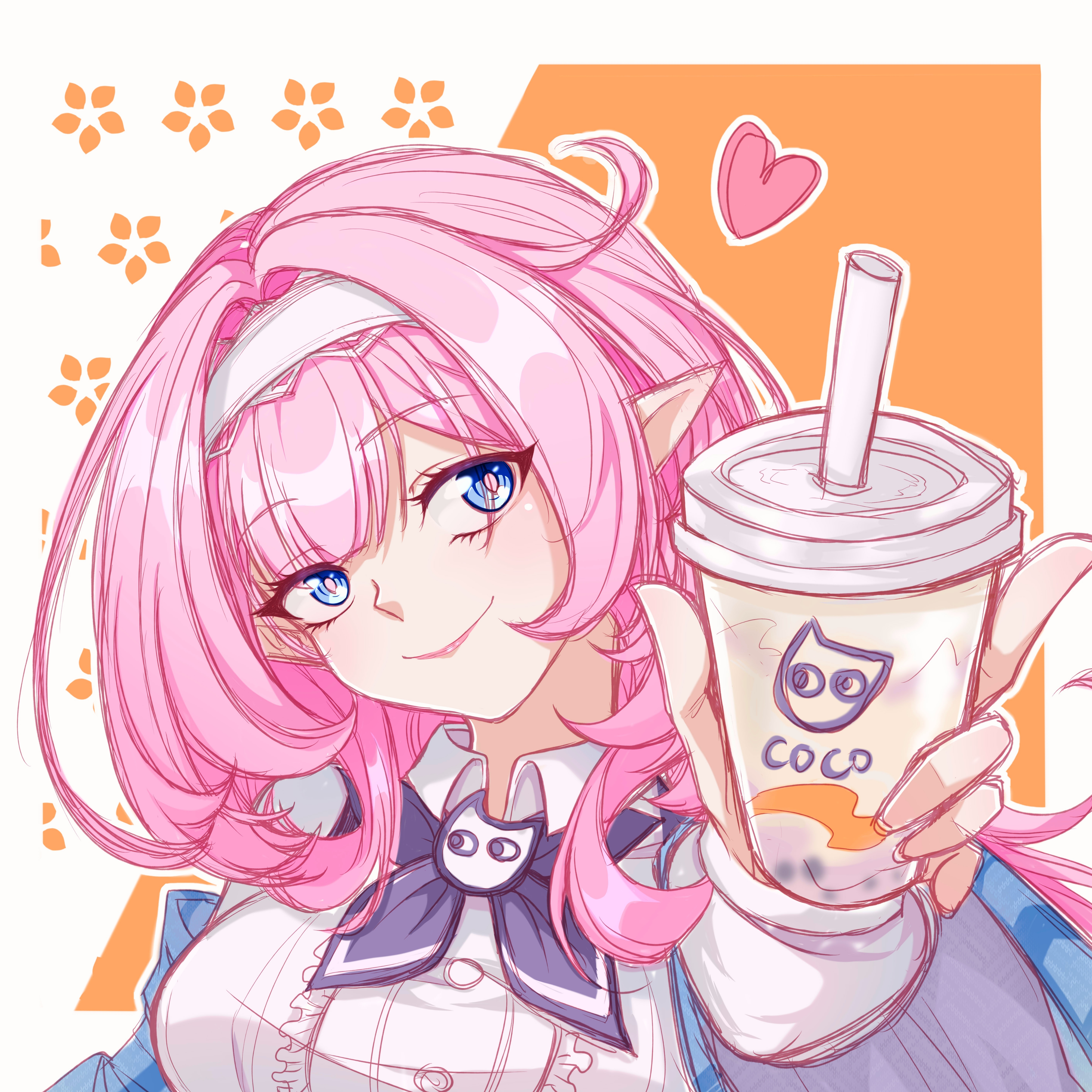 ccii00, elysia (coco) (honkai impact), elysia (honkai impact), honkai (series), honkai impact 3rd, absurdres, chinese commentary, commentary request, highres, 1girl, blue bow, blue bowtie, blue eyes, bow, bowtie, breasts, bubble tea, cup, disposable cup, dress, elf, hairband, heart, holding, holding cup, large breasts, official alternate costume, orange background, pink hair, pointy ears, smile, solo, upper body, white dress