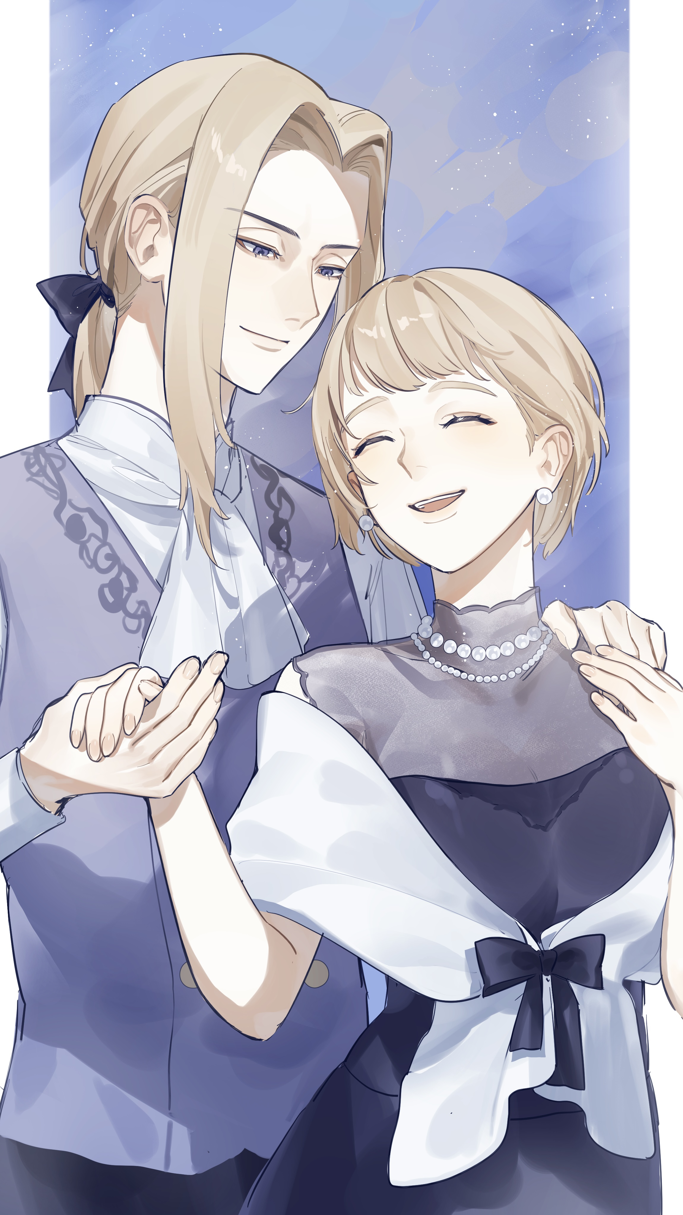 jeritza von hrym, mercedes von martritz, fire emblem, fire emblem: three houses, nintendo, absurdres, highres, 1boy, 1girl, alternate costume, blonde hair, bow, brother and sister, closed eyes, closed mouth, earrings, facing viewer, hair bow, jewelry, kerokero august, looking at another, open mouth, siblings