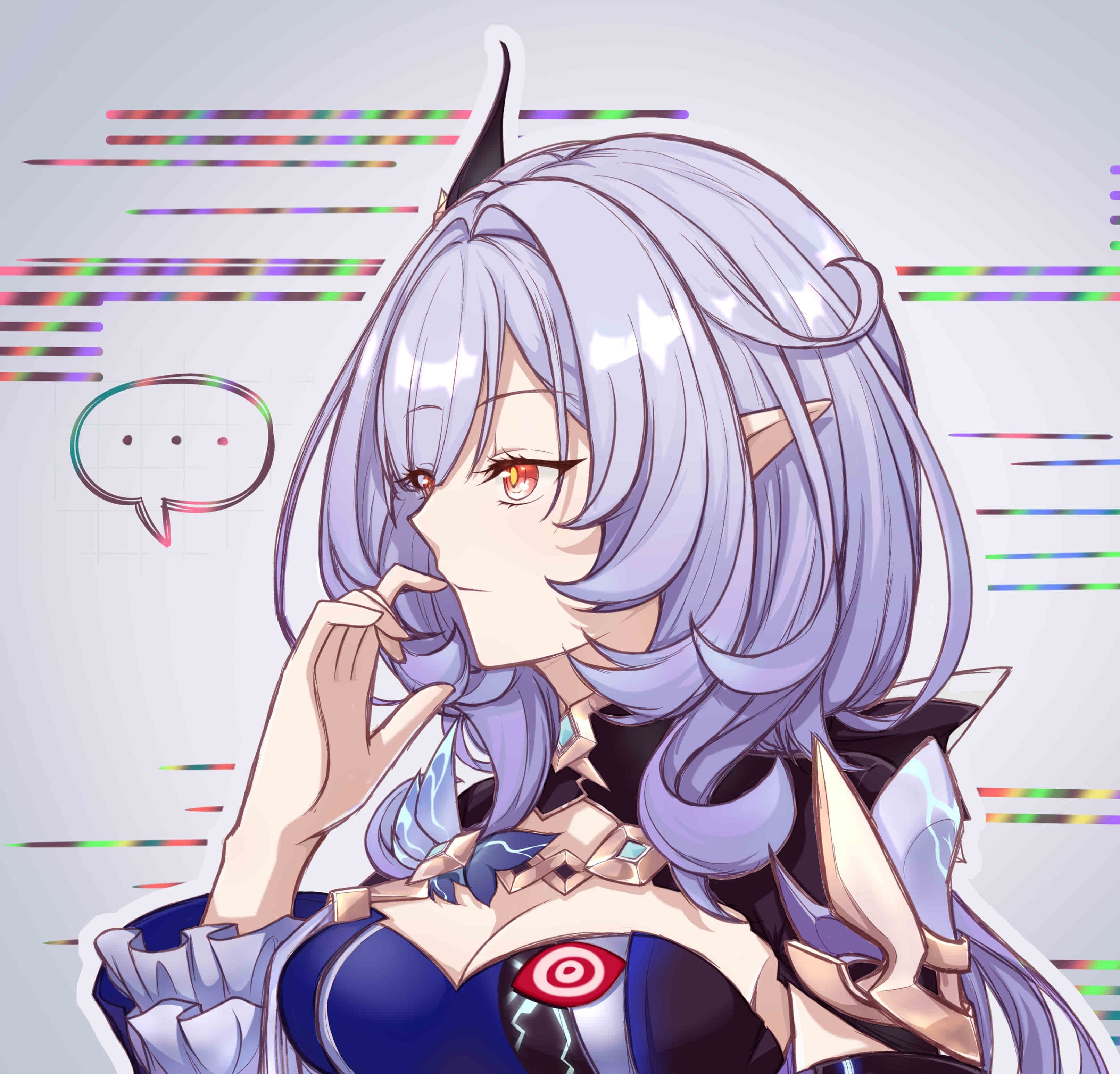 ccii00, elysia (honkai impact), elysia (miss pink elf) (honkai impact), herrscher of corruption, honkai (series), honkai impact 3rd, absurdres, chinese commentary, commentary request, highres, …, 1girl, blue corset, blue hair, breasts, cleavage, closed mouth, corset, elf, eye print, glitch, large breasts, long hair, orange hair, pointy ears, solo, spoken ellipsis, upper body