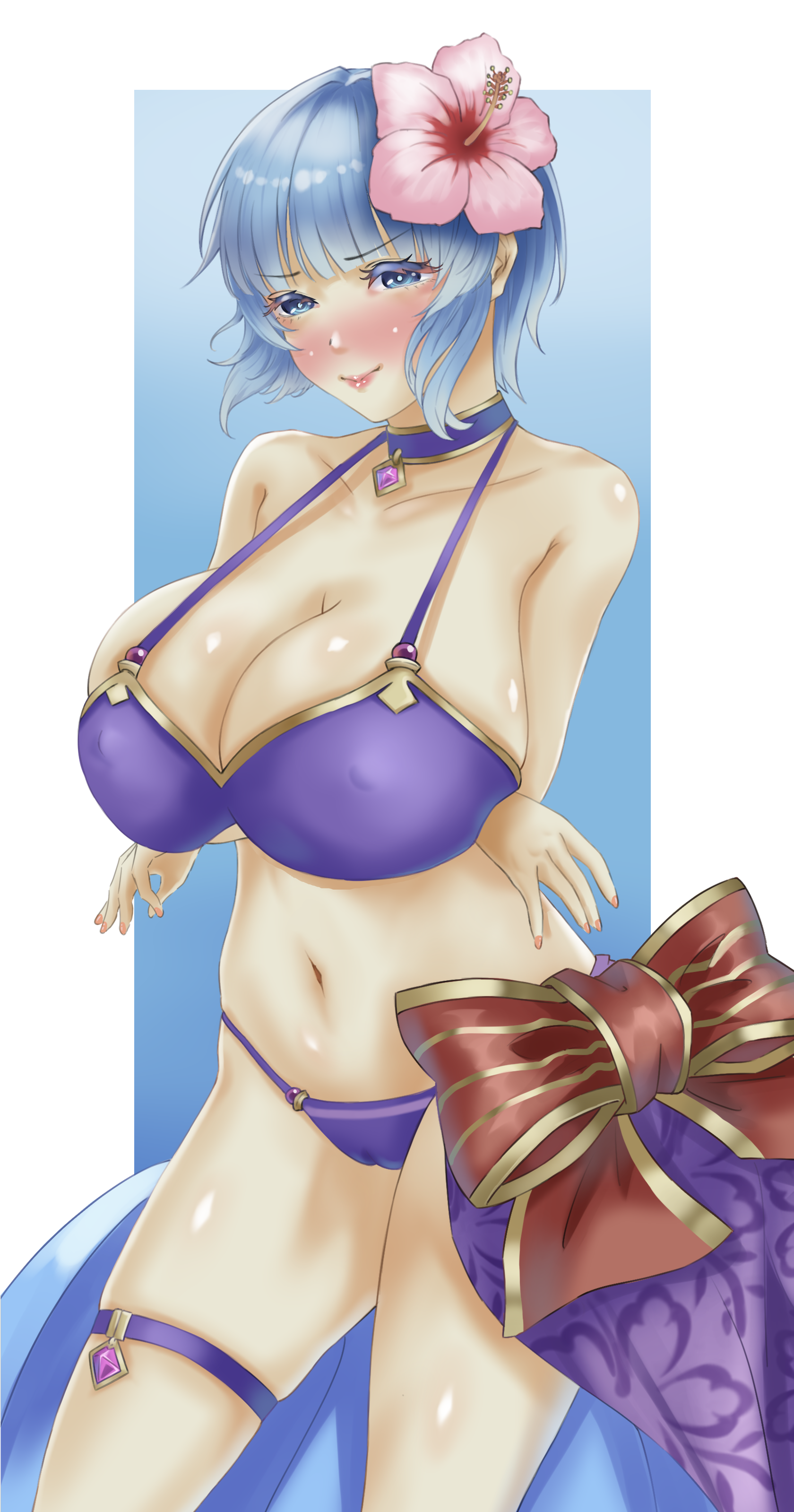 hanpuku hiyoko, fam (gakuen summer) (grimms notes), fam (grimms notes), grimms notes, grimms notes gakuen, 1girl, bikini, blush, breasts, collarbone, flower, hair flower, hair ornament, huge breasts, looking at viewer, navel, pink flower, purple bikini, short hair, solo, swimsuit