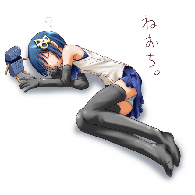 98-tan, os-tan, non-web source, translation request, blue hair, bob cut, elbow gloves, gloves, loli, panties, pantyshot, short hair, sleeping, solo, thighhighs, underwear