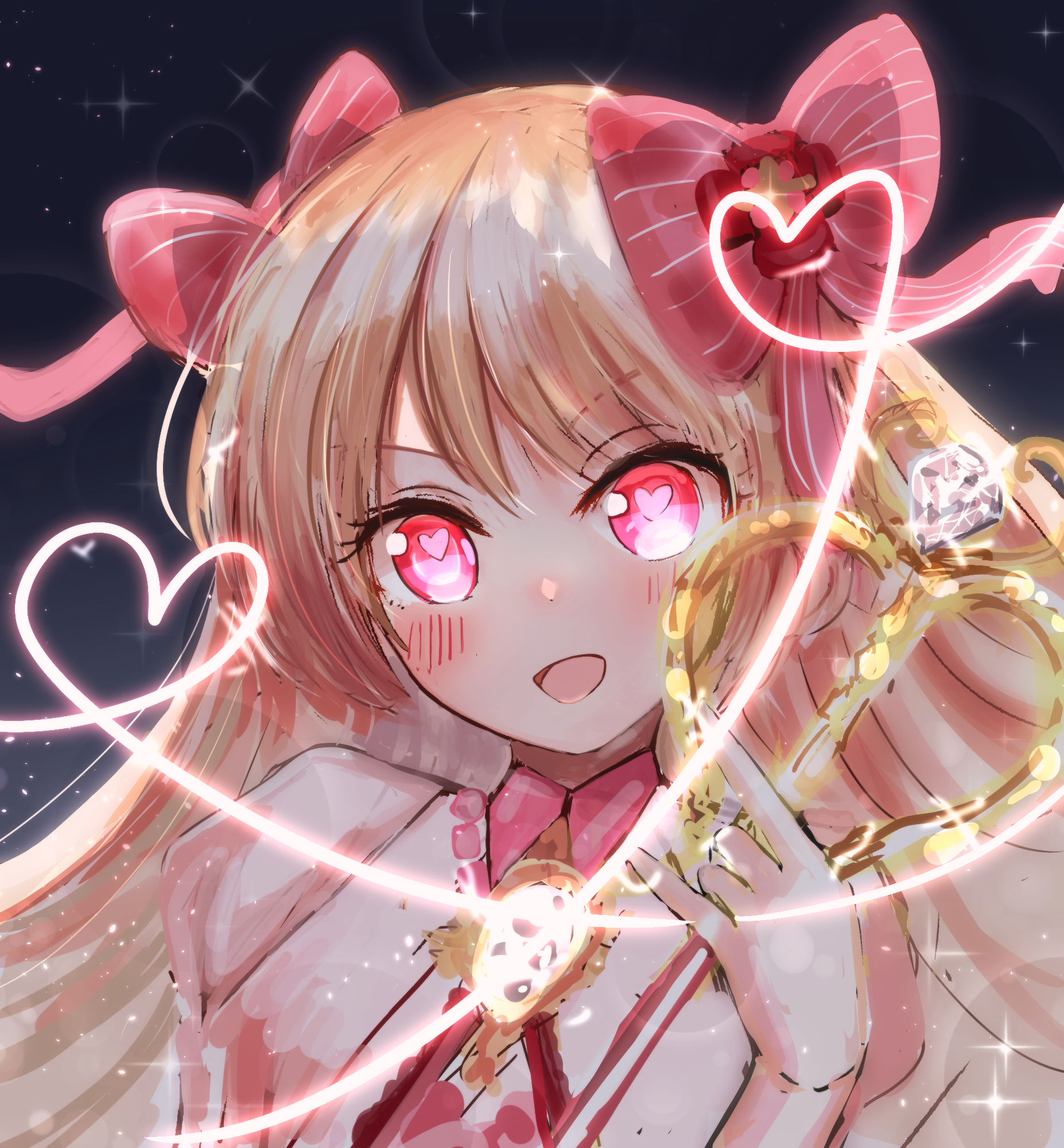 chaos marie (grimms notes), grimms notes, artist request, bad id, bad pixiv id, 1girl, blonde hair, holding, holding wand, long hair, looking at viewer, open mouth, pink eyes, smile, solo, upper body, wand