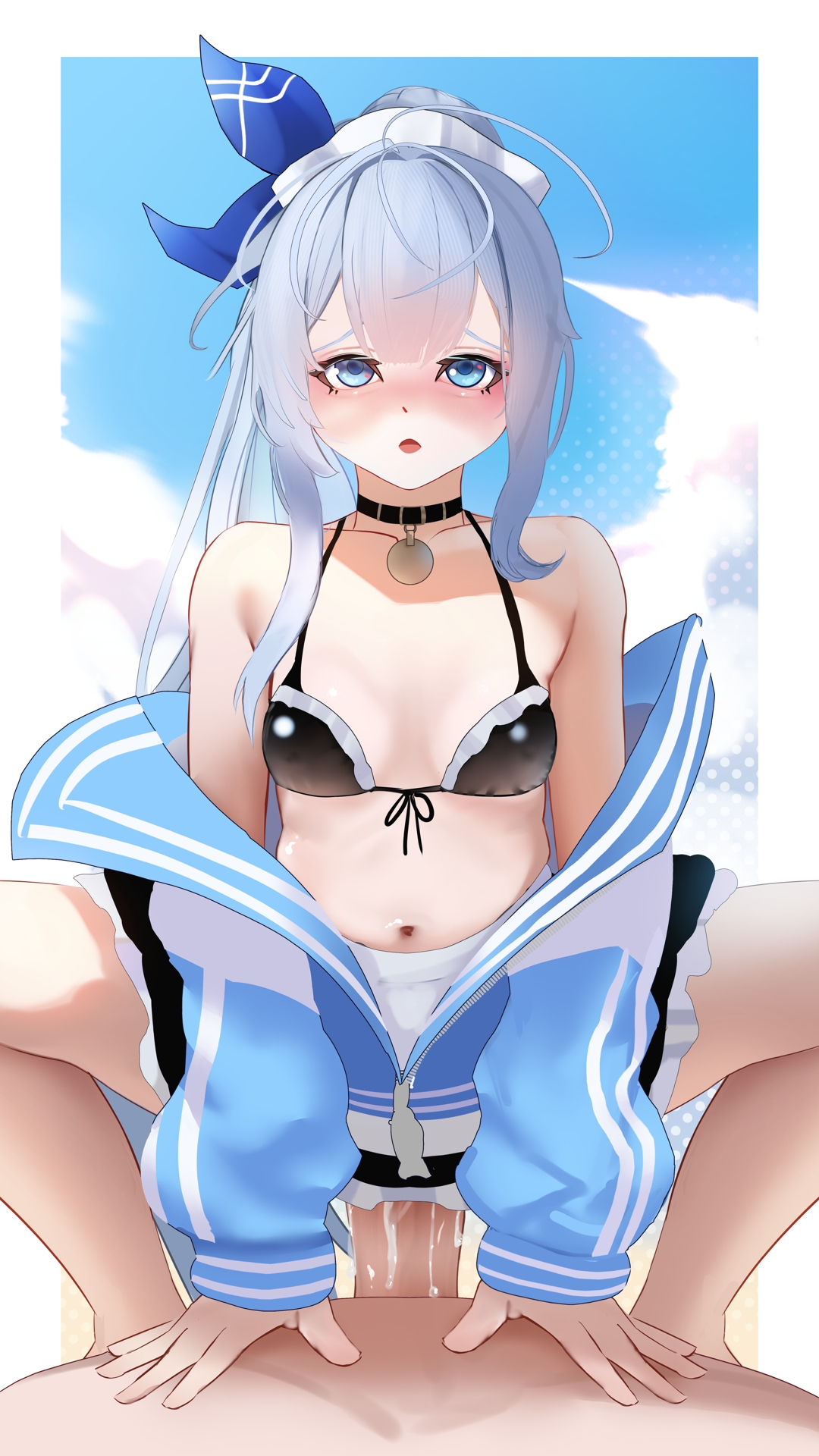 rancidronin, anchor (innocent maid) (nikke), anchor (nikke), goddess of victory: nikke, commentary, english commentary, highres, 1boy, 1girl, bikini, black bikini, black choker, blue eyes, blue hair, blue jacket, blush, breasts, choker, collarbone, covered penetration, cowgirl position, cum, cum in pussy, cum overflow, front-tie bikini top, front-tie top, girl on top, hetero, jacket, long hair, long sleeves, looking at viewer, maid, maid bikini, maid headdress, navel, official alternate costume, open mouth, penis, ponytail, pov, pov crotch, sex, small breasts, spread legs, squatting cowgirl position, straddling, straight-on, swimsuit, track jacket, unconventional maid