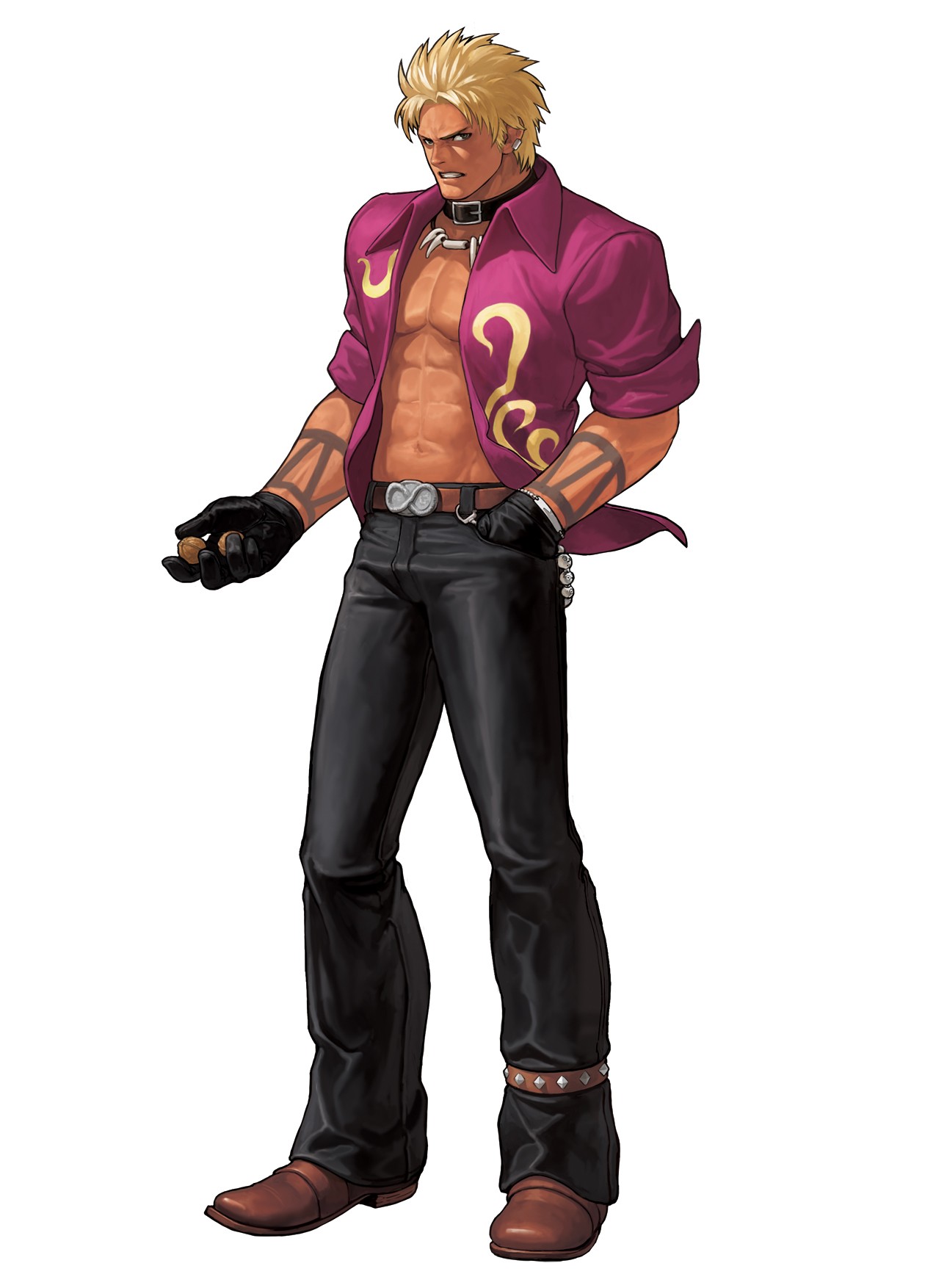 ogura eisuke, shen woo, snk, the king of fighters, the king of fighters xii, highres, official art, 1boy, abs, belt, blonde hair, boots, choker, cowboy boots, denim, gloves, hand in pocket, jeans, jewelry, leather, leather boots, male focus, muscular, necklace, open clothes, open shirt, pants, shirt, solo, spiked hair, tattoo, walnut