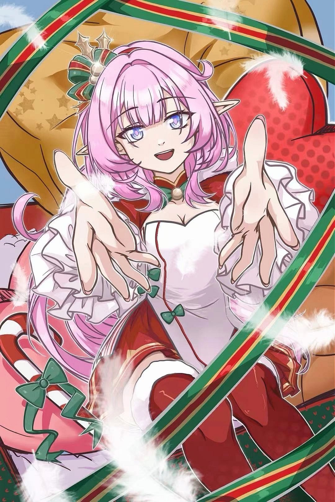 ccii00, elysia (honkai impact), honkai (series), honkai impact 3rd, chinese commentary, commentary request, highres, 1girl, blue eyes, breasts, candy, candy cane, cleavage, dress, elf, food, hair ornament, heart, large breasts, long hair, looking at viewer, official alternate costume, open mouth, pink hair, pointy ears, reaching, reaching towards viewer, red dress, red thighhighs, santa costume, santa dress, smile, solo, thighhighs