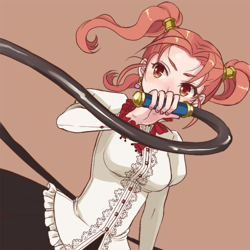 emdo (norabbit), jessica albert, dragon quest, dragon quest viii, square enix, bad id, bad pixiv id, lowres, 1girl, alternate costume, blouse, brown background, buttons, dutch angle, female focus, frills, hair ornament, hairdressing, lace, puffy sleeves, red eyes, red hair, shirt, simple background, solo, twintails, whip
