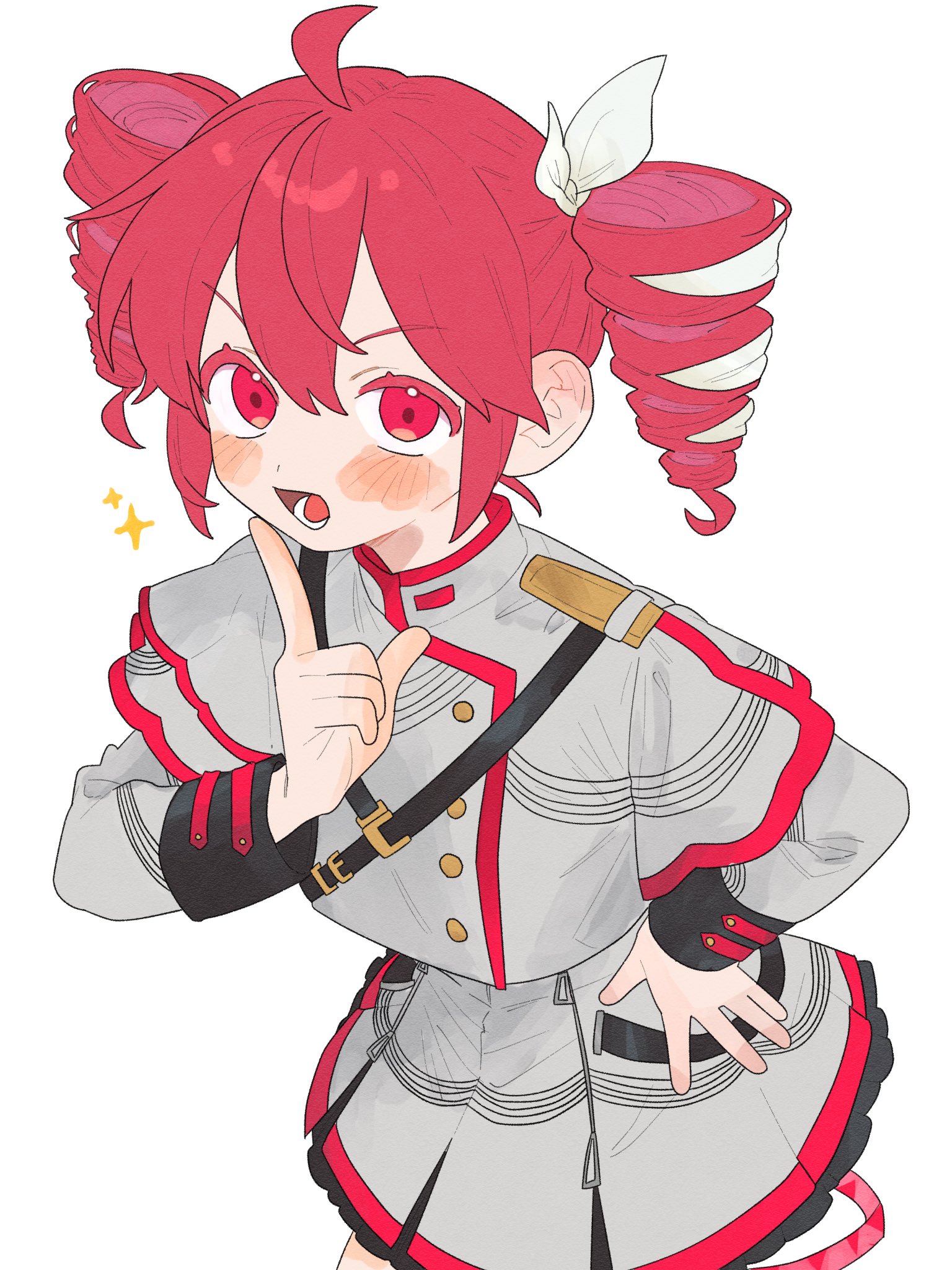 kasane teto, kasane teto (sv), synthesizer v, utau, hashtag-only commentary, highres, 1girl, :d, ahoge, blush, bow, buttons, colored eyelashes, cowboy shot, double-parted bangs, drill hair, finger to own chin, from above, grey jacket, grey skirt, hair between eyes, hair bow, hand on own hip, hand up, index finger raised, jacket, layered sleeves, leaning forward, long sleeves, looking at viewer, lower teeth only, miniskirt, musical staff, musical staff print, ofo j1, open mouth, petticoat, pleated skirt, red eyes, red hair, red trim, short hair, short over long sleeves, short sleeves, shoulder belt, shoulder boards, simple background, skirt, sleeve cuffs, smile, solo, sparkle, standing, teeth, tongue, turtleneck, turtleneck jacket, twin drills, v-shaped eyebrows, white background, white bow