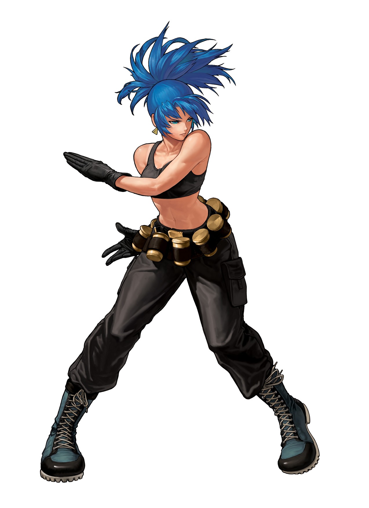 ogura eisuke, leona heidern, snk, the king of fighters, the king of fighters xii, highres, official art, 1girl, bandolier, belt, blue eyes, blue hair, boots, crop top, earrings, explosive, female focus, fighting stance, gloves, green eyes, grenade, jewelry, long hair, matching hair/eyes, midriff, military, navel, ponytail, solo, tank top