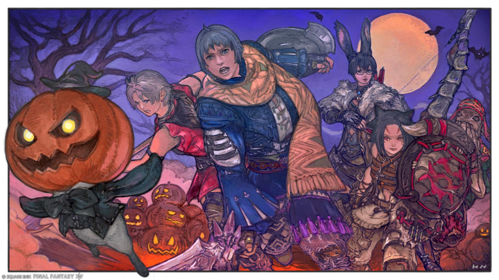 final fantasy, final fantasy xiv, highres, official art, 1boy, 4girls, animal ears, blue hair, border, bow (weapon), cat ears, ceetol ja, fingerless gloves, full moon, glasses, gloves, grey hair, halloween, holding, holding sword, holding weapon, hyur, i'toca, jack-o'-lantern, loashkana, miqo'te, moon, multiple girls, open mouth, shield, sword, tentoawa, tepeke, viera, weapon, white border