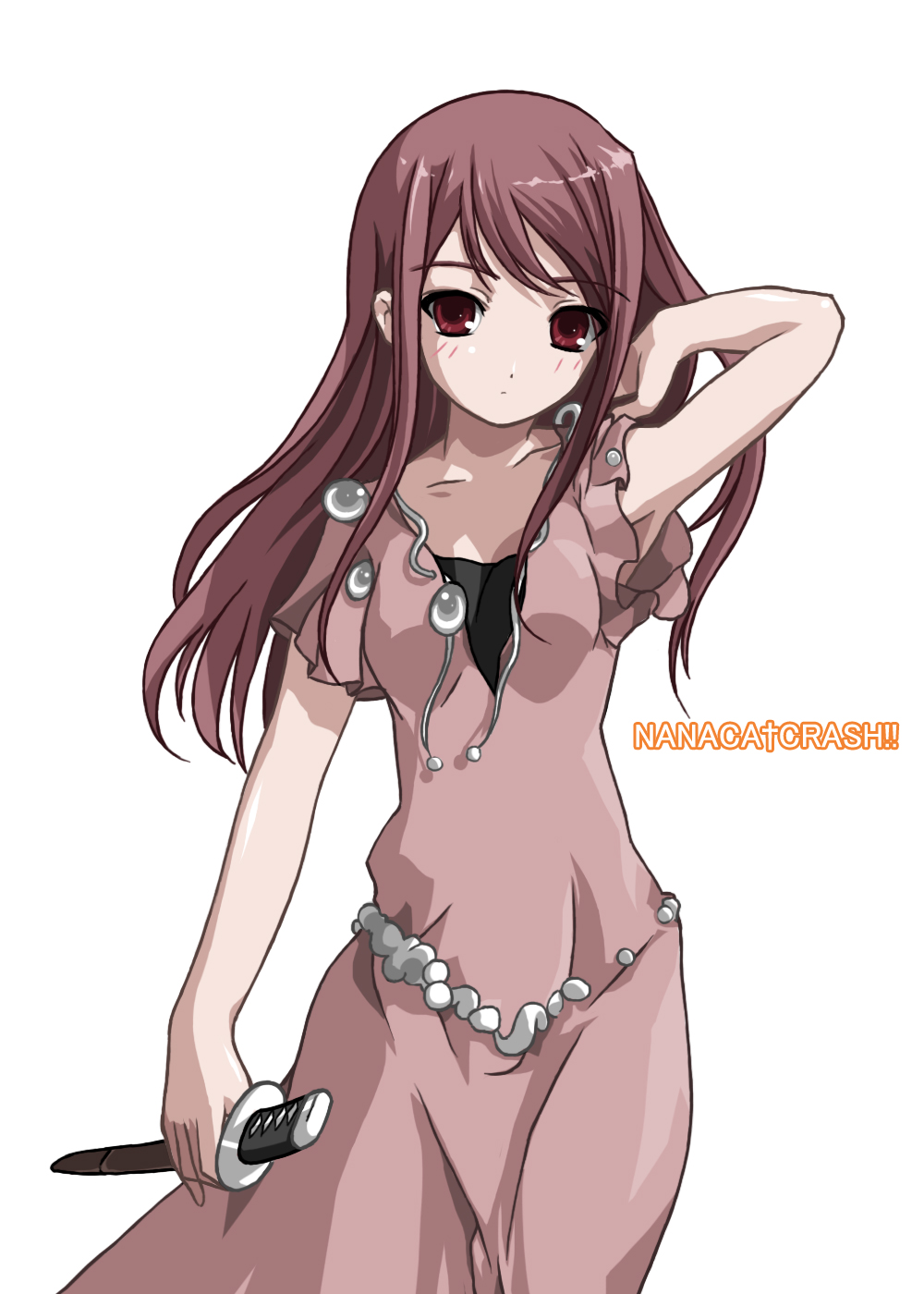 sakura sora, kirihara touko, cross channel, nanaca crash, highres, 1girl, brown hair, dagger, dress, female focus, knife, long hair, red eyes, solo, sword, weapon