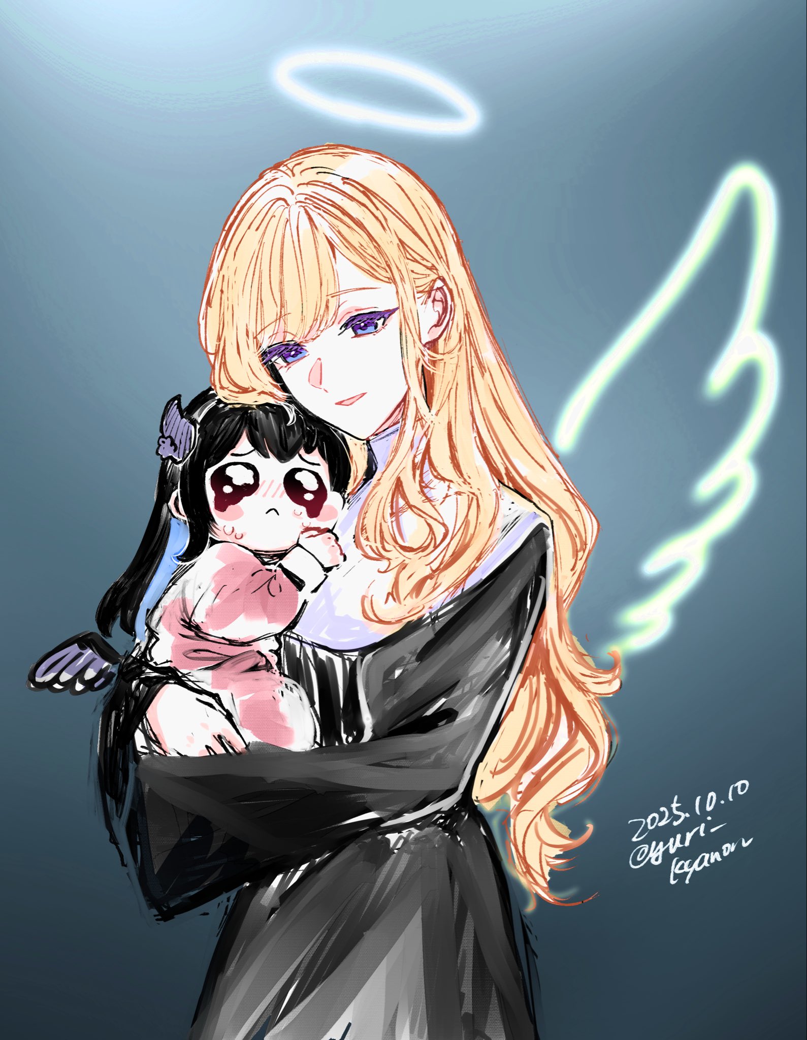 yuri kyanon, aki rosenthal, nerissa ravencroft, hololive, hololive english, highres, 2girls, :<, angel wings, baby, black dress, black hair, blonde hair, carrying, carrying baby, carrying person, crying, dated, dress, halo, horns, long hair, multiple girls, nun, twitter username, virtual youtuber, white halo, wings