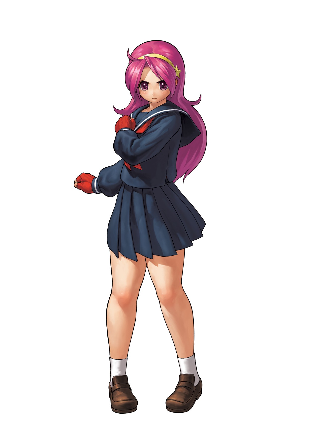 ogura eisuke, asamiya athena, snk, the king of fighters, the king of fighters xii, highres, official art, 1girl, black serafuku, curvy, female focus, fingerless gloves, gloves, mary janes, pink hair, purple eyes, school uniform, serafuku, shoes, solo, thick thighs, thighs