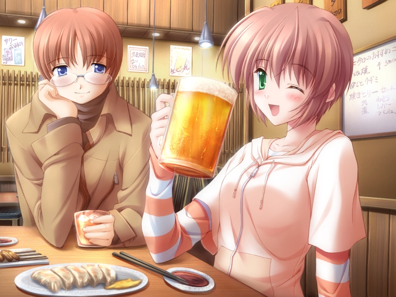 kikyou kiri, yanagi shin'ichirou, canvas (cocktail soft), canvas 2, non-web source, 00s, 1boy, 1girl, alcohol, beer, blue eyes, brown hair, food, glasses, green eyes, hood, hoodie, pink hair, short hair