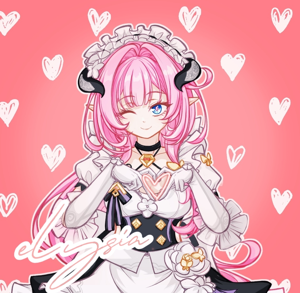ccii00, elysia (honkai impact), elysia (miss pink) (honkai impact), elysia (miss pink elf) (honkai impact), honkai (series), honkai impact 3rd, chinese commentary, commentary request, 1girl, ;), apron, black dress, blue eyes, breasts, butterfly hair ornament, character name, cleavage, dress, elf, fake horns, gloves, hair ornament, heart, heart background, horns, large breasts, looking at viewer, maid, maid apron, maid headdress, official alternate costume, one eye closed, pink background, pink hair, pointy ears, puffy short sleeves, puffy sleeves, short sleeves, smile, solo, white apron, white gloves