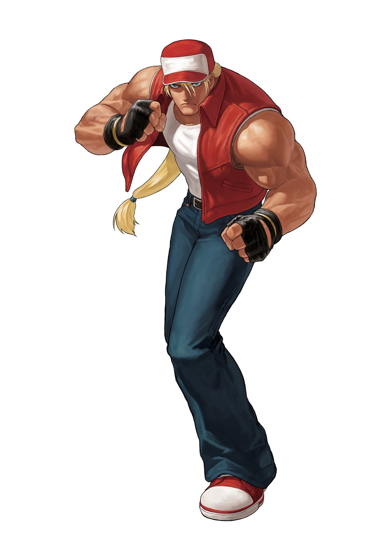 ogura eisuke, terry bogard, converse, fatal fury, snk, the king of fighters, the king of fighters xii, highres, official art, 1boy, baseball cap, blonde hair, blue eyes, denim, fighting stance, fingerless gloves, gloves, hat, jeans, long hair, male focus, muscular, muscular male, pants, ponytail, shoes, sleeveless, sneakers, solo, tank top, vest