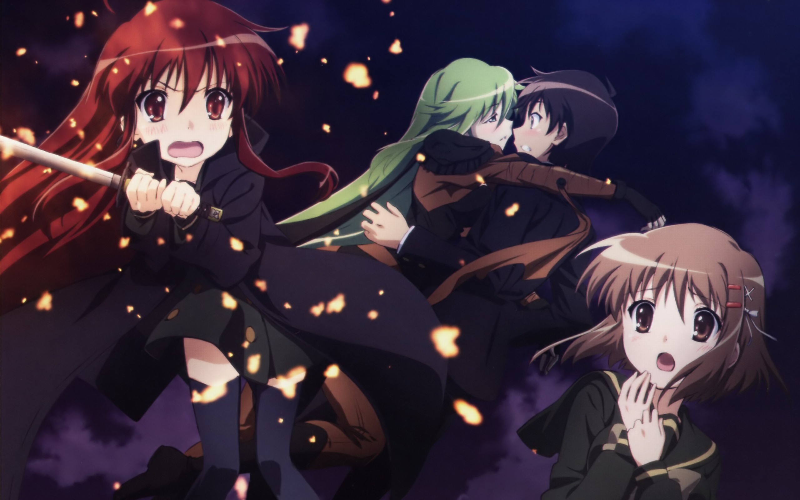 pheles, sakai yuuji, shana, yoshida kazumi, shakugan no shana, highres, non-web source, official art, 00s, hug, jealous, red hair, school uniform, sword, weapon