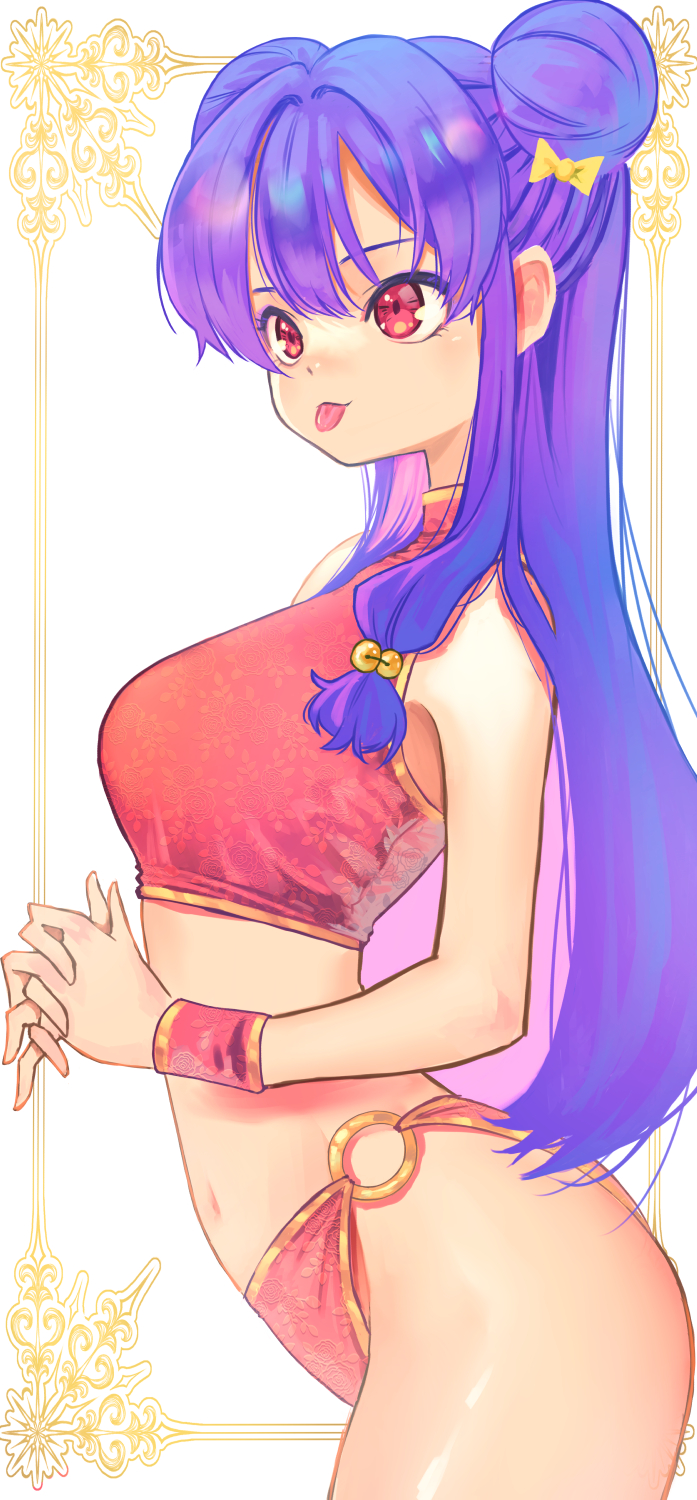 jj (ssspulse), shampoo (ranma 1/2), ranma 1/2, commentary, highres, 1girl, bell, bow, crop top, double bun, from side, hair bell, hair bow, hair bun, hair ornament, long hair, midriff, navel, own hands together, purple hair, red eyes, sidelocks, tongue, tongue out, yellow bow