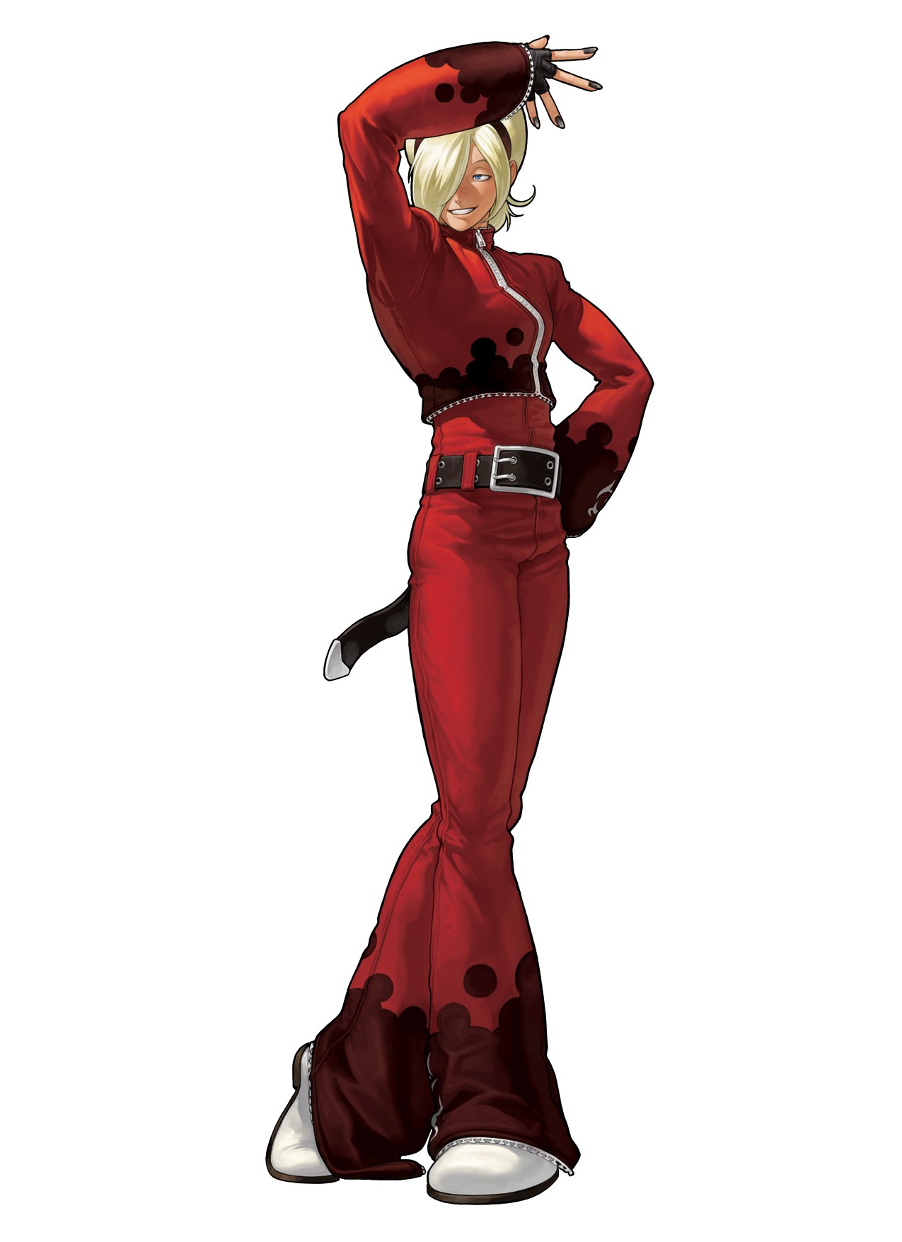 ogura eisuke, ash crimson, snk, the king of fighters, the king of fighters xii, white footwear, highres, official art, 1boy, androgynous, bell-bottoms, belt, blonde hair, crossdressing, crossdressing (mtf), flares, hair over one eye, male focus, nail polish, pants, red pants, solo, trap
