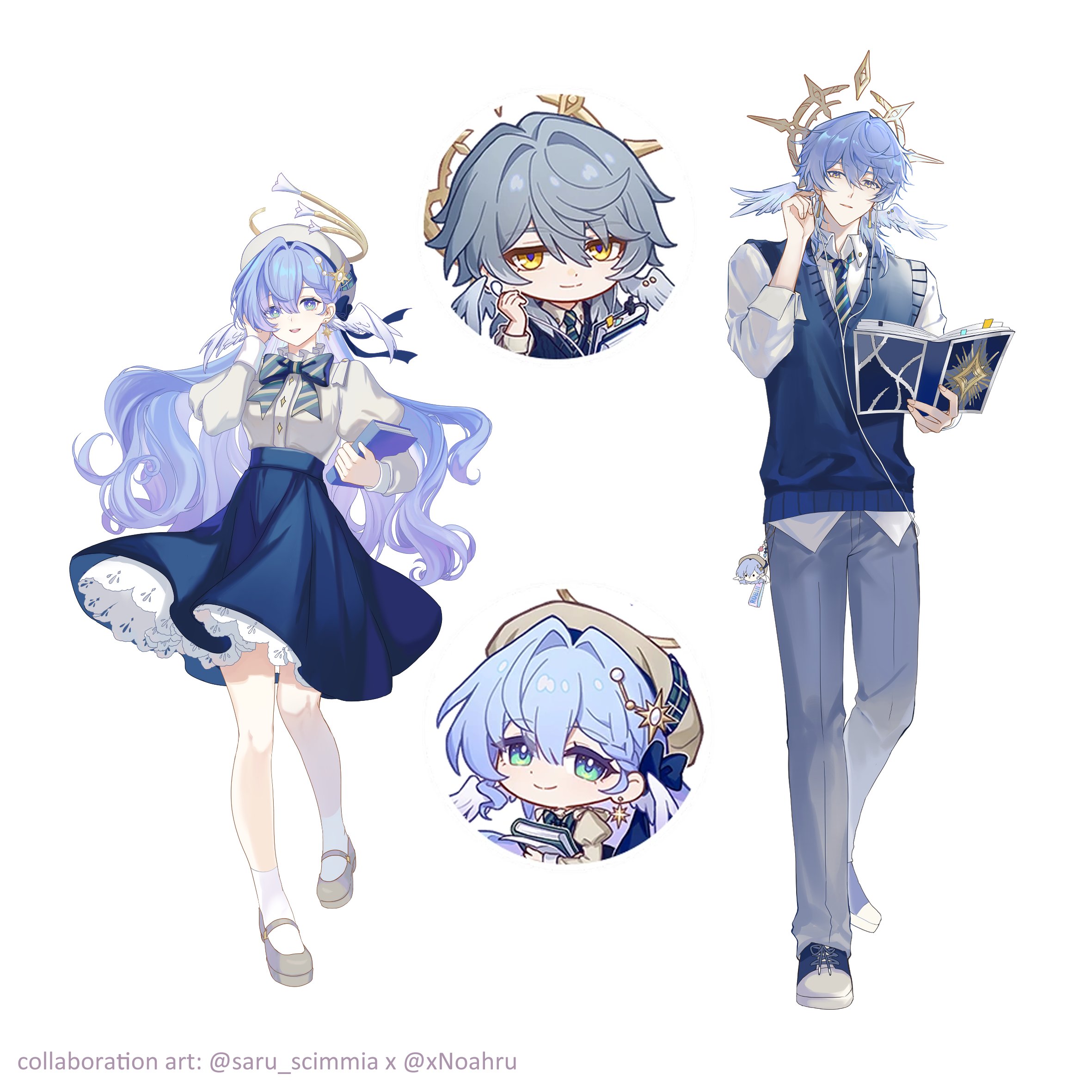 saru youichi, xnoahru, robin (brilliant youth) (honkai: star rail), robin (honkai: star rail), sunday (brilliant youth) (honkai: star rail), sunday (honkai: star rail), honkai: star rail, honkai (series), artist collaboration, commentary, english commentary, highres, 1boy, 1girl, ankle socks, aqua eyes, beret, blue hair, blue skirt, blue sweater vest, book, bow, bowtie, brother and sister, brown hat, brown shirt, character charm, charm (object), collared shirt, earbuds, earphones, earrings, feathered wings, full body, grey pants, hair between eyes, halo, halo behind head, hand up, hat, head wings, holding, holding book, jewelry, juliet sleeves, long sleeves, looking at viewer, mary janes, necktie, official alternate costume, open book, pants, parted lips, petticoat, puffy sleeves, reference inset, school uniform, shirt, shoes, siblings, simple background, skirt, smile, socks, spiked halo, striped bow, striped bowtie, striped clothes, striped necktie, sweater vest, twitter username, untucked shirt, white background, white shirt, white socks, white wings, wings