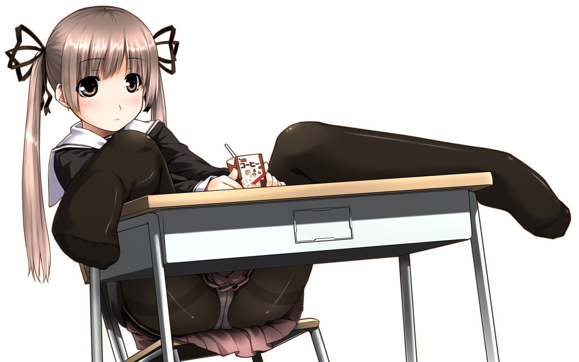 ooji, original, highres, 1girl, black pantyhose, brown eyes, brown hair, crotch seam, desk, feet, feet on table, female focus, foreshortening, hair ribbon, juice box, long hair, panties, panties under pantyhose, pantyhose, pantyshot, ribbon, school uniform, serafuku, sitting, solo, thighband pantyhose, twintails, underwear, upskirt, white panties