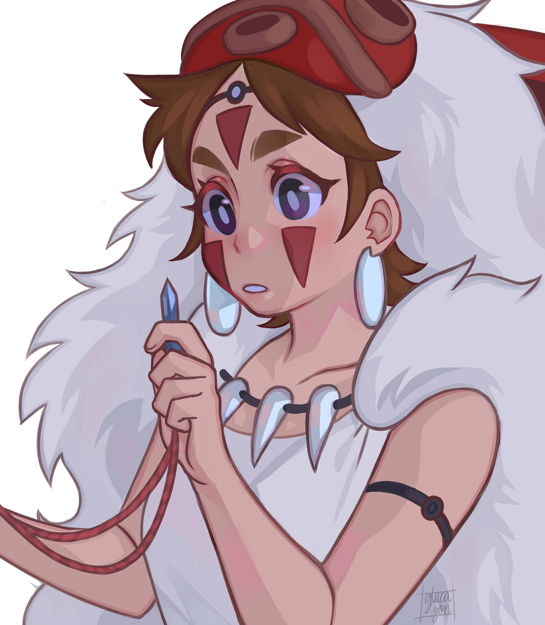 gluca, san (mononoke hime), mononoke hime, commentary, english commentary, highres, 1girl, armband, black eyes, breasts, brown hair, cape, crystal, earrings, facepaint, fur cape, holding, holding crystal, holding jewelry, holding necklace, jewelry, mask, mask on head, medium breasts, necklace, pelt, solo, thick eyebrows, tooth necklace, upper body, white cape
