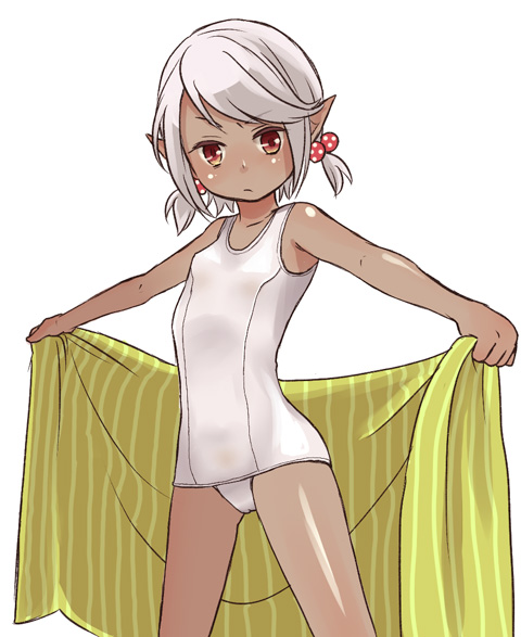emdo (norabbit), original, silver hair, bad id, bad pixiv id, 1girl, cameltoe, dark-skinned female, dark skin, female focus, flat chest, hair ornament, one-piece swimsuit, pointy ears, red eyes, school swimsuit, solo, swimsuit, towel, white one-piece swimsuit, white school swimsuit