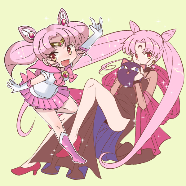 emdo (norabbit), black lady (sailor moon), chibi usa, sailor chibi moon, bishoujo senshi sailor moon, bishoujo senshi sailor moon r, bishoujo senshi sailor moon s, 1990s (style), 1girl, aged up, boots, brooch, circlet, cone hair bun, crescent, crescent facial mark, double bun, dress, dual persona, earrings, facial mark, forehead mark, hair bun, heart, heart brooch, jewelry, knee boots, long hair, magical girl, multiple views, pink boots, pink eyes, pink hair, retro artstyle, shawl, twintails, very long hair, yellow background