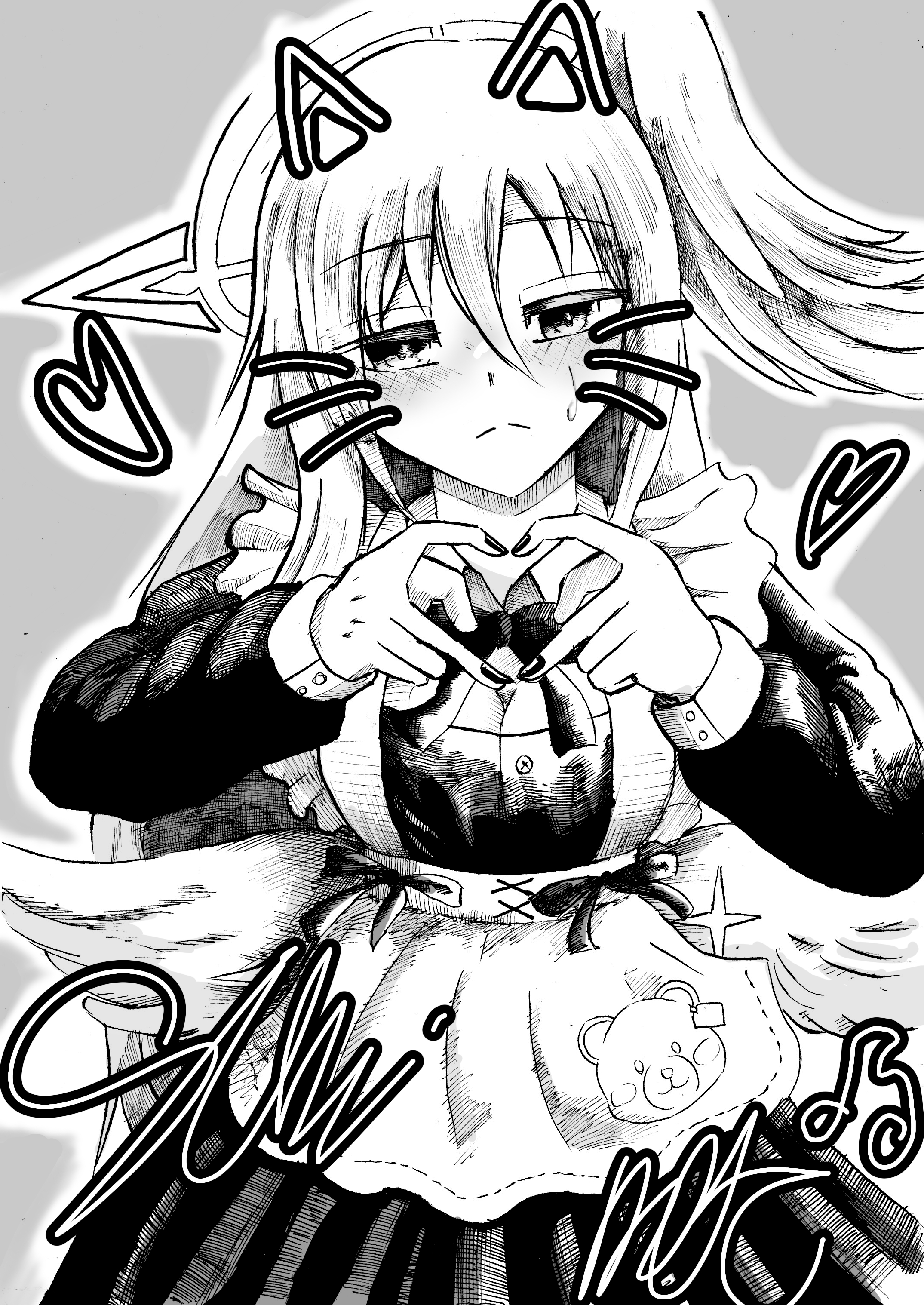 suzumi (blue archive), blue archive, absurdres, commentary request, highres, traditional media, 1girl, alternate costume, apron, black dress, blush, breasts, cleavage, drawn ears, drawn whiskers, dress, fake wings, feet out of frame, four-finger heart hands, frilled apron, frills, hair between eyes, halo, head wings, heart, heart hands, long hair, long sleeves, looking at viewer, maid, maid apron, medium breasts, signature, simple background, single head wing, solo, stuffed animal, stuffed toy, teddy bear, uzoym43218, very long hair, white hair, wings