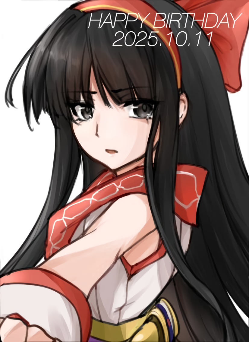 nakoruru, samurai spirits, snk, the king of fighters, the king of fighters xv, highres, 1girl, ainu clothes, black eyes, black hair, dated, fingerless gloves, gloves, hair ribbon, happy birthday, long hair, looking at viewer, outstretched arm, parted lips, ribbon, serious, solo, tongue, weapon