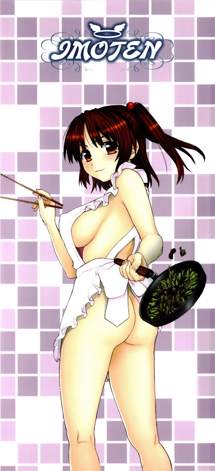 saegusa kohaku, highres, apron, ass, blush, breasts, chopsticks, cooking, covered erect nipples, food, hair bobbles, hair ornament, large breasts, looking back, naked apron, orange eyes, red hair, sideboob, smile, solo, twintails
