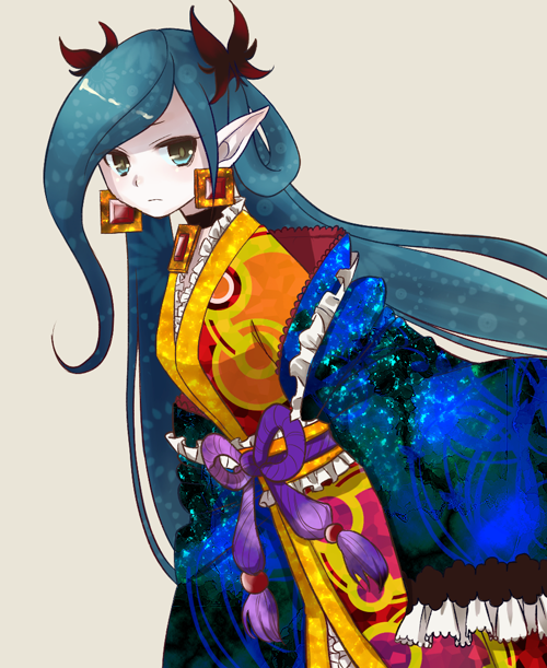 emdo (norabbit), haydee (gankutsuou), gankutsuou, 00s, 1girl, blue eyes, blue hair, choker, dress, earrings, female focus, frills, hair ornament, japanese clothes, jewelry, kimono, matching hair/eyes, pale skin, pointy ears, simple background, solo, twintails, unmoving pattern