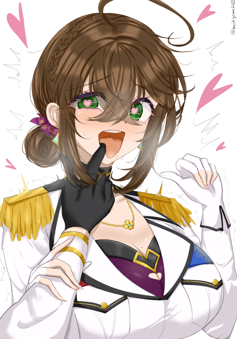 chamumi (mochiumee), female admiral (kancolle), kantai collection, ahoge, black gloves, blush, bra, braid, breast pocket, breasts, brown hair, epaulettes, finger in another's mouth, fingerless gloves, gloves, grabbing another's arm, green eyes, heart, heart-shaped pupils, jacket, jewelry, large breasts, looking at viewer, military uniform, mole, mole under mouth, necklace, open mouth, pocket, ponytail, sidelocks, symbol-shaped pupils, underwear, white gloves, white jacket
