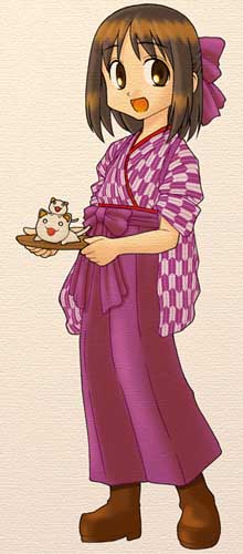 kasuga ayumu, nekokoneko, azumanga daiou, bashamichi, lowres, non-web source, traditional media, 1girl, arrow print, boots, brown eyes, brown hair, cat, female focus, full body, hair ribbon, hakama, hakama skirt, japanese clothes, neko koneko, open mouth, ribbon, simple background, skirt, smile, solo, tray, waitress, yagasuri