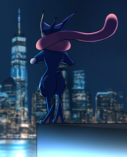 qumyak, greninja, nintendo, pokemon, blurry, blurry background, facing away, full body, gen 6 pokemon, night, night sky, no humans, outdoors, pokemon (creature), sky, skyline, solo, standing